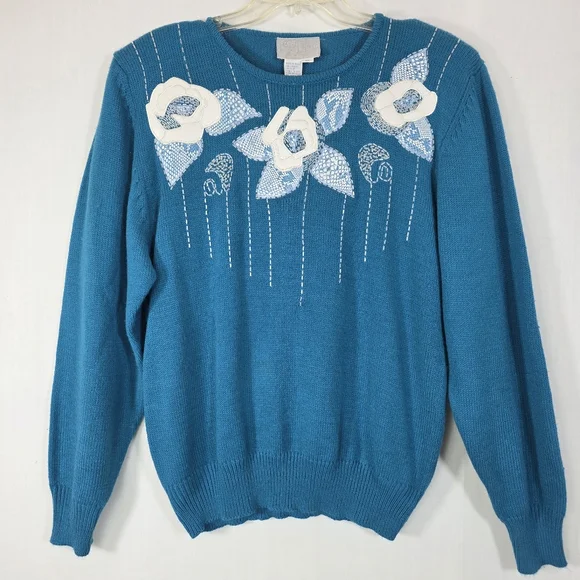 VTG 80s Regency Collection for Joyce Teal Floral Applique Sweater XL - Picture 1 of 10